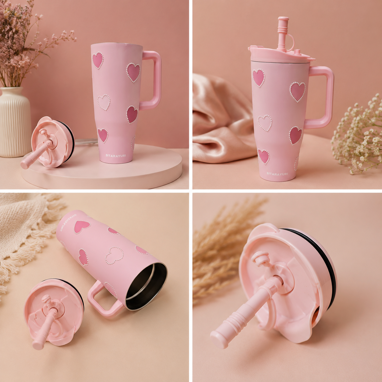 Pearl Heart Insulated Stainless Steel Tumbler / Sipper with Handle & Straw