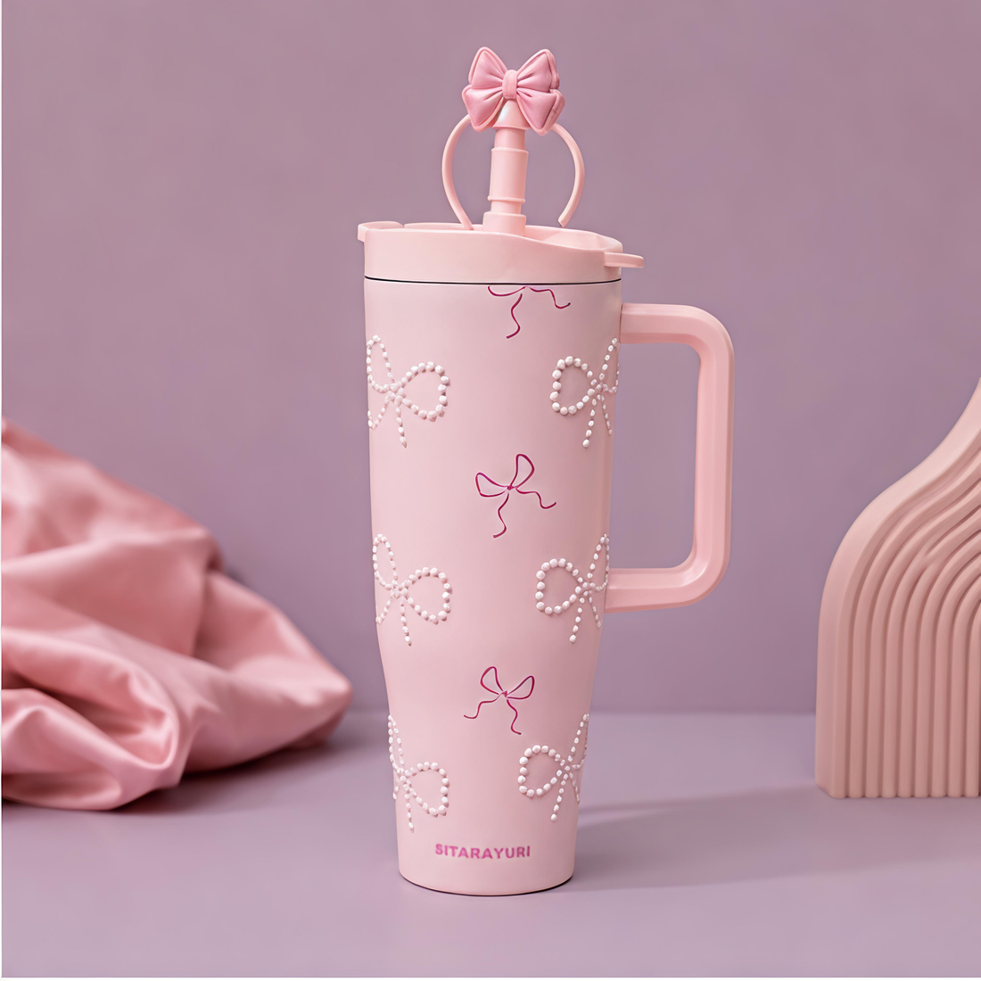 Pink Bow Pearl Insulated Tumbler / Sipper with Handle & Straw