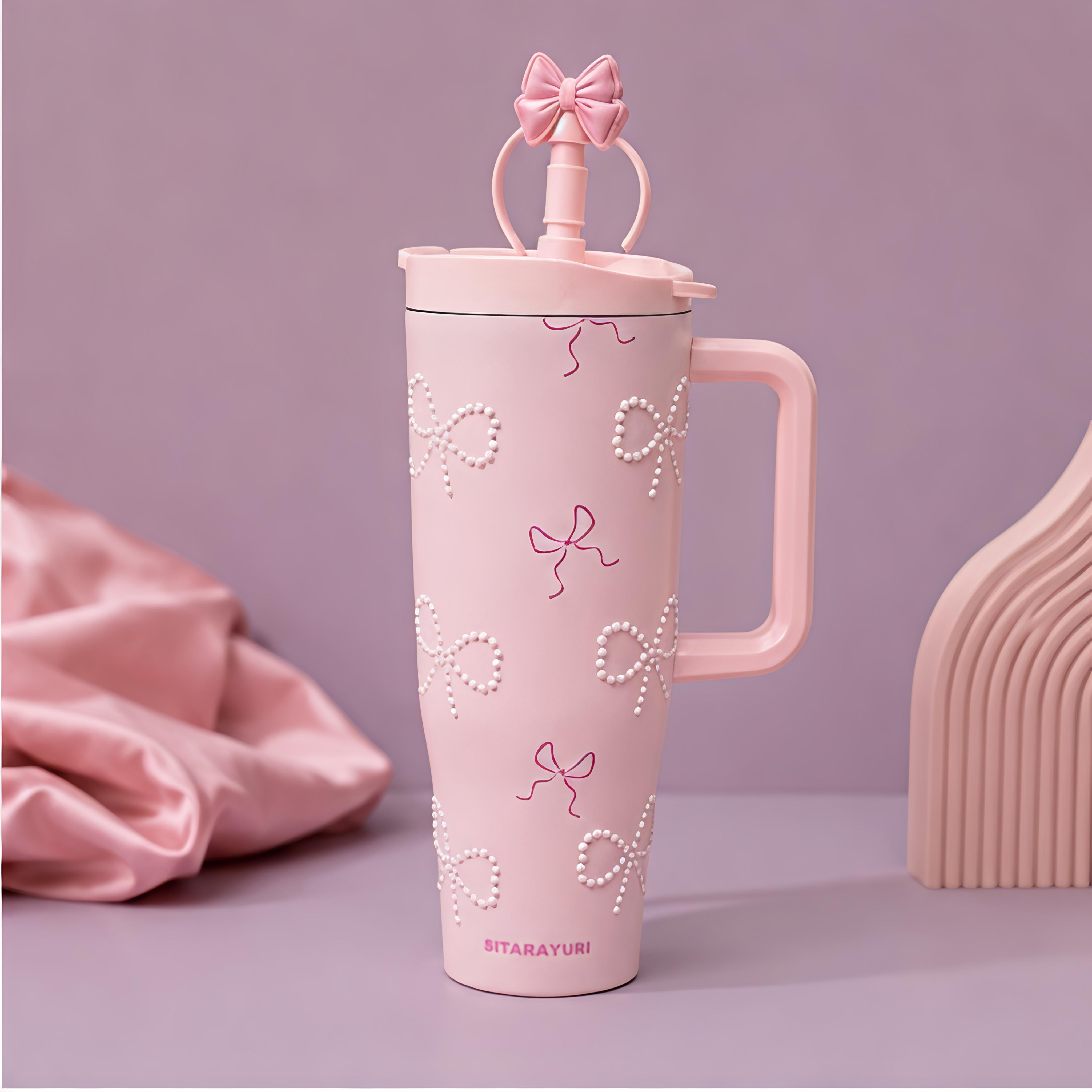 Pink Bow Pearl Insulated Tumbler / Sipper with Handle & Straw
