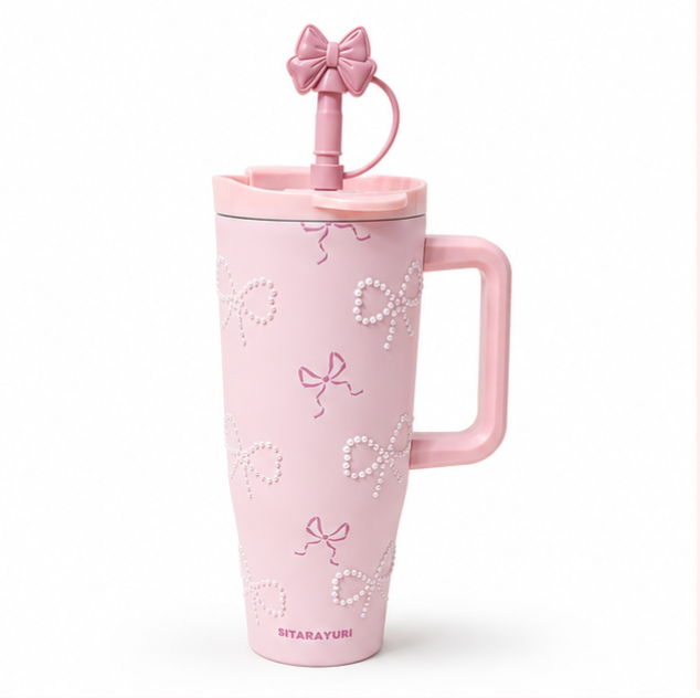 Pink Bow Pearl Insulated Tumbler / Sipper with Handle & Straw