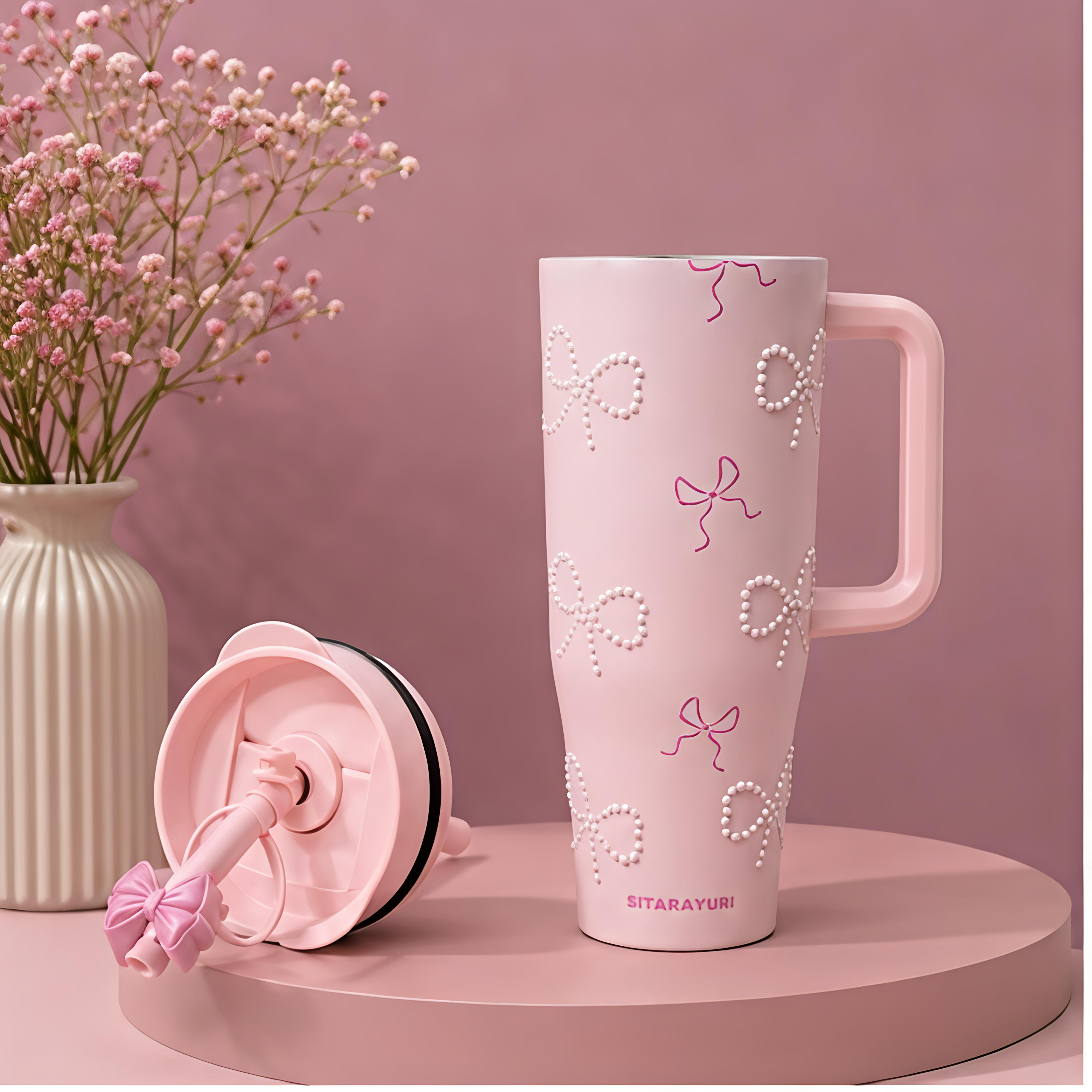 Pink Bow Pearl Insulated Tumbler / Sipper with Handle & Straw