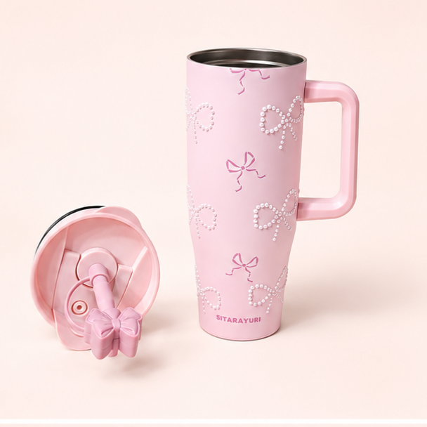 Pink Bow Pearl Insulated Tumbler / Sipper with Handle & Straw