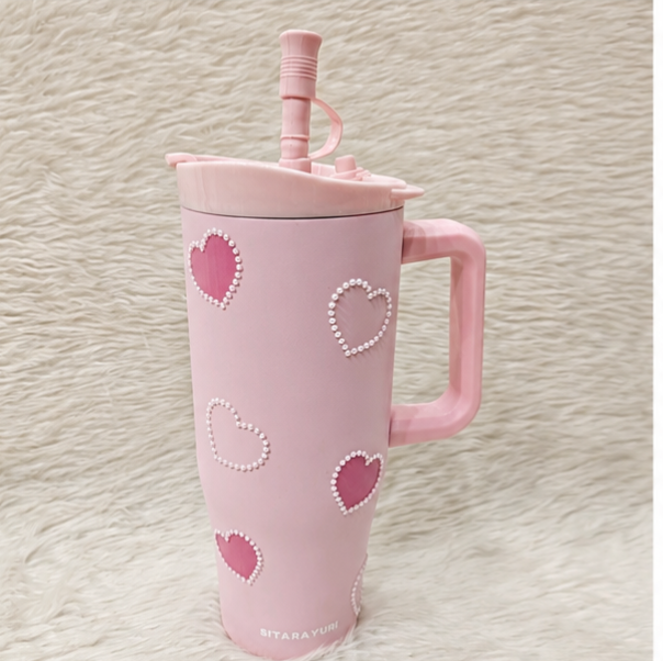 Pearl Heart Insulated Stainless Steel Tumbler / Sipper with Handle & Straw