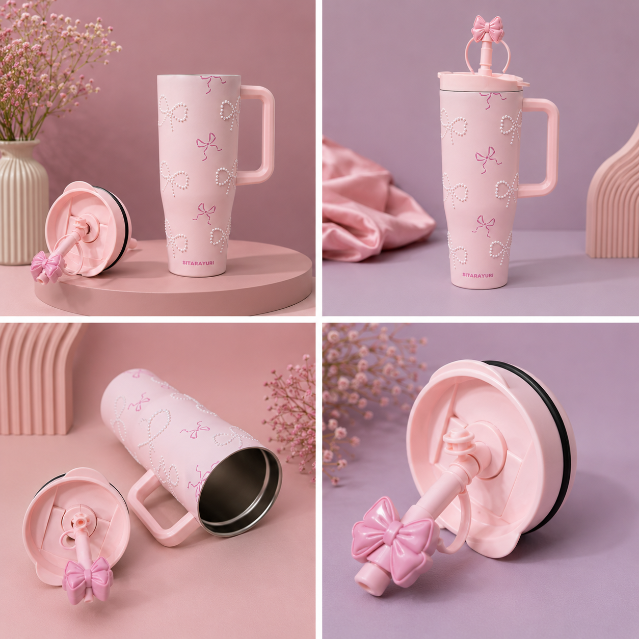 Pink Bow Pearl Insulated Tumbler / Sipper with Handle & Straw