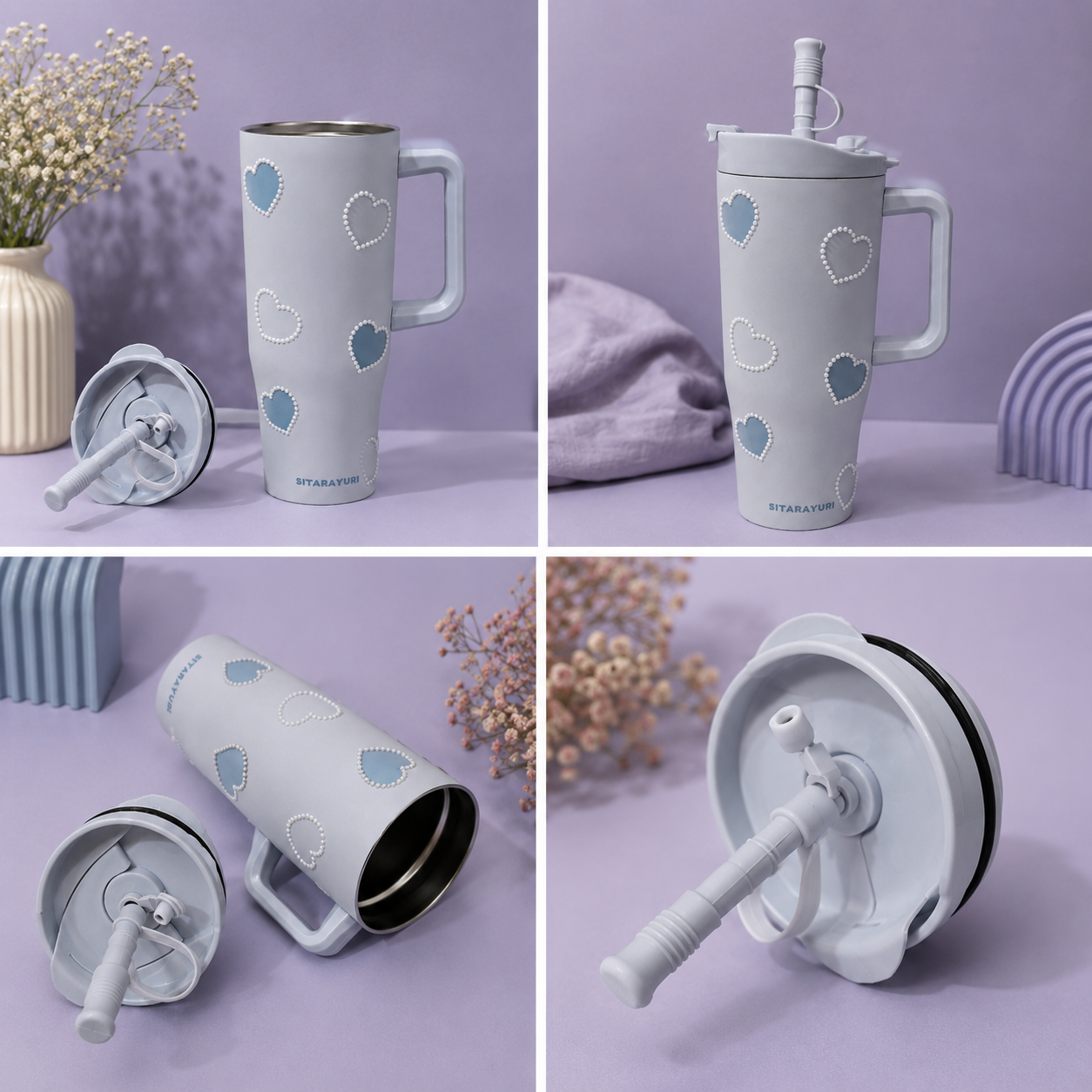 Pearl Heart Insulated Stainless Steel Tumbler / Sipper with Handle & Straw