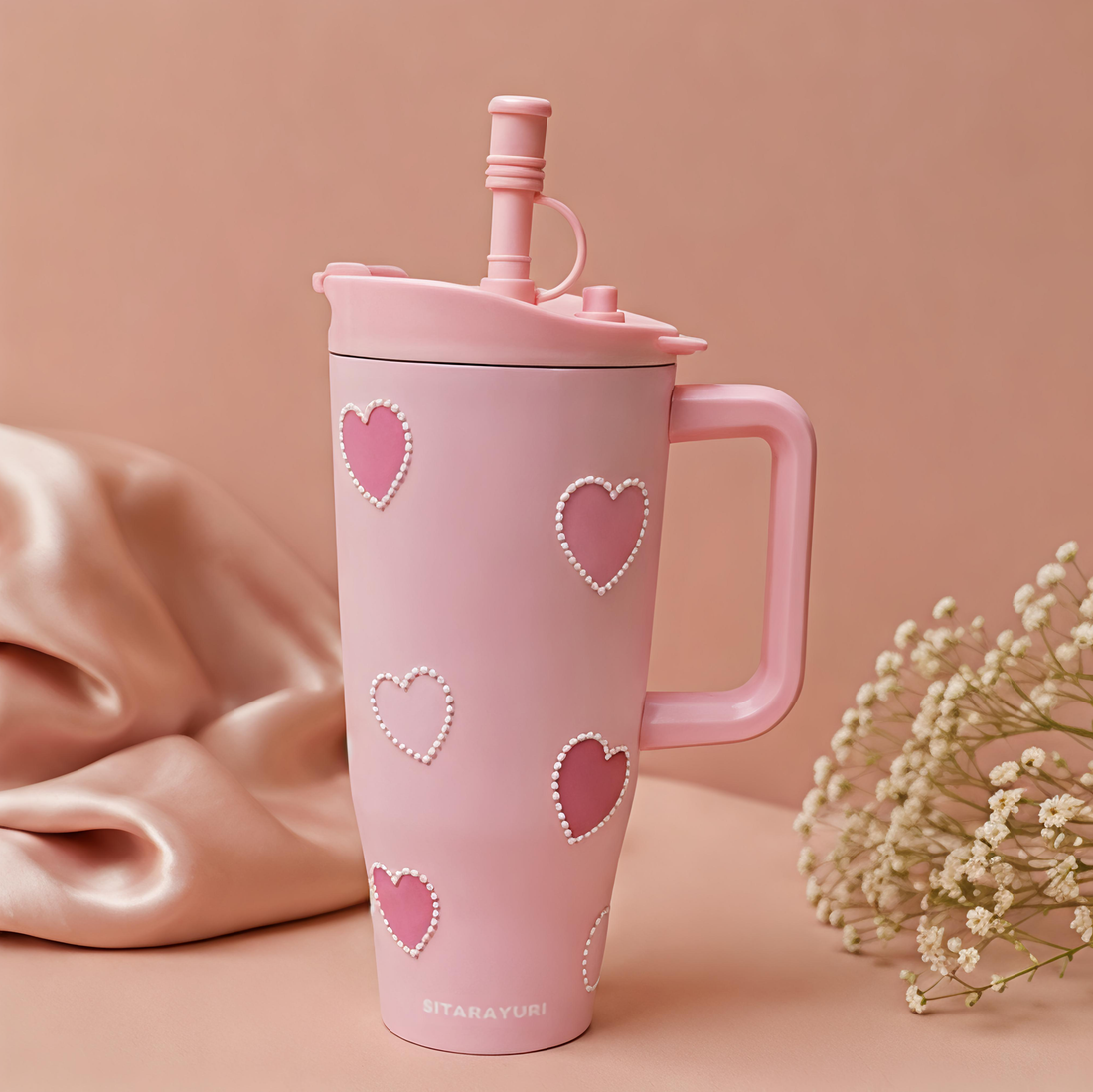 Pearl Heart Insulated Stainless Steel Tumbler / Sipper with Handle & Straw