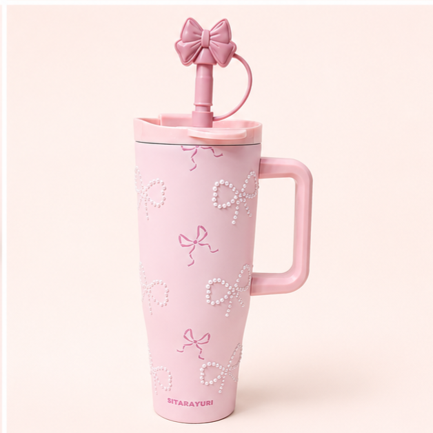 Pink Bow Pearl Insulated Tumbler / Sipper with Handle & Straw