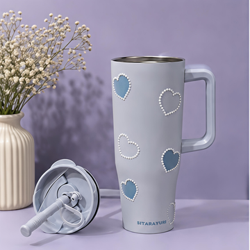 Pearl Heart Insulated Stainless Steel Tumbler / Sipper with Handle & Straw