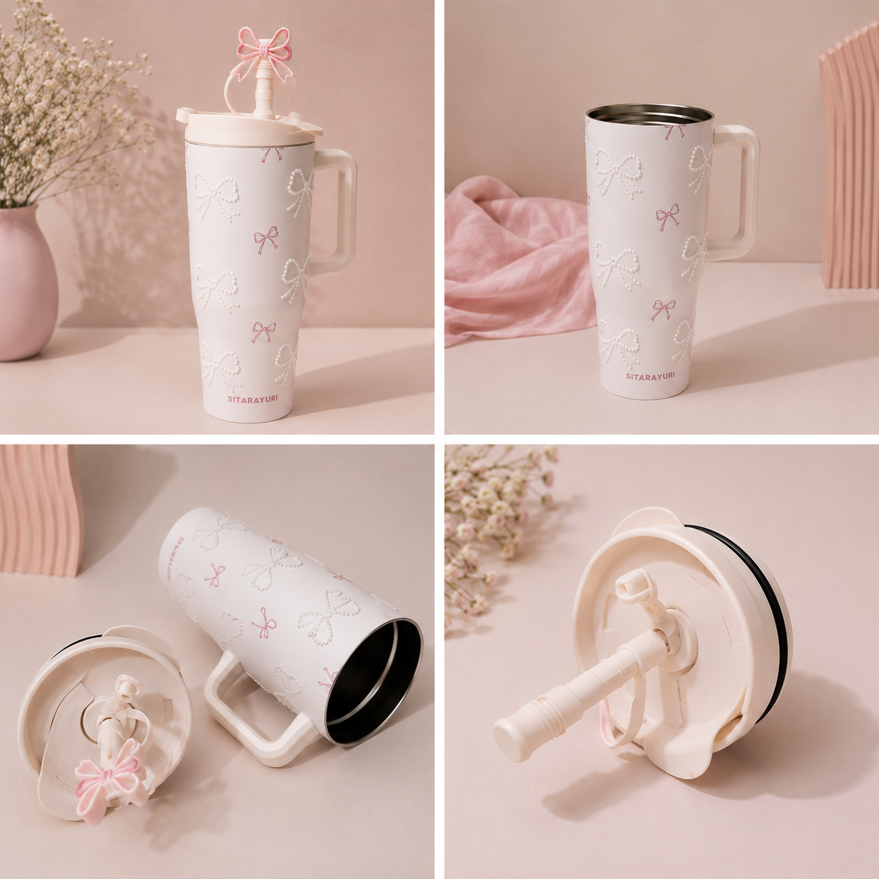 Pearl Bow Insulated Stainless Steel Tumbler / Sipper with Handle & Straw