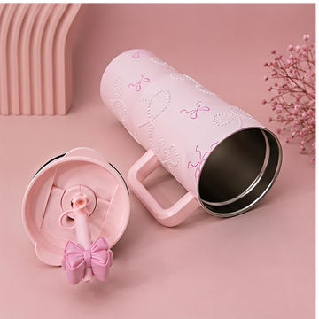 Pink Bow Pearl Insulated Tumbler / Sipper with Handle & Straw